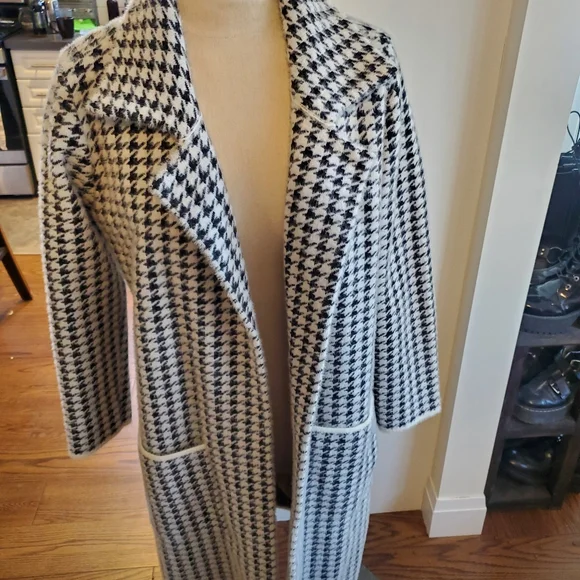 Houndstooth Long Open Front Coat  Black & White Chanel Style Cardigan Shacket - Picture 5 of 9